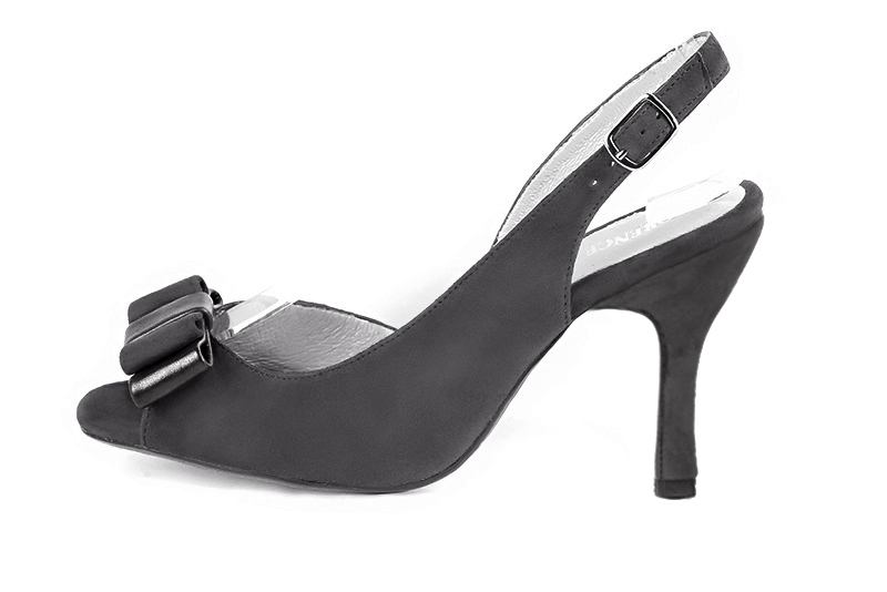 Dark grey women's slingback sandals. Round toe. High spool heels. Profile view - Florence KOOIJMAN